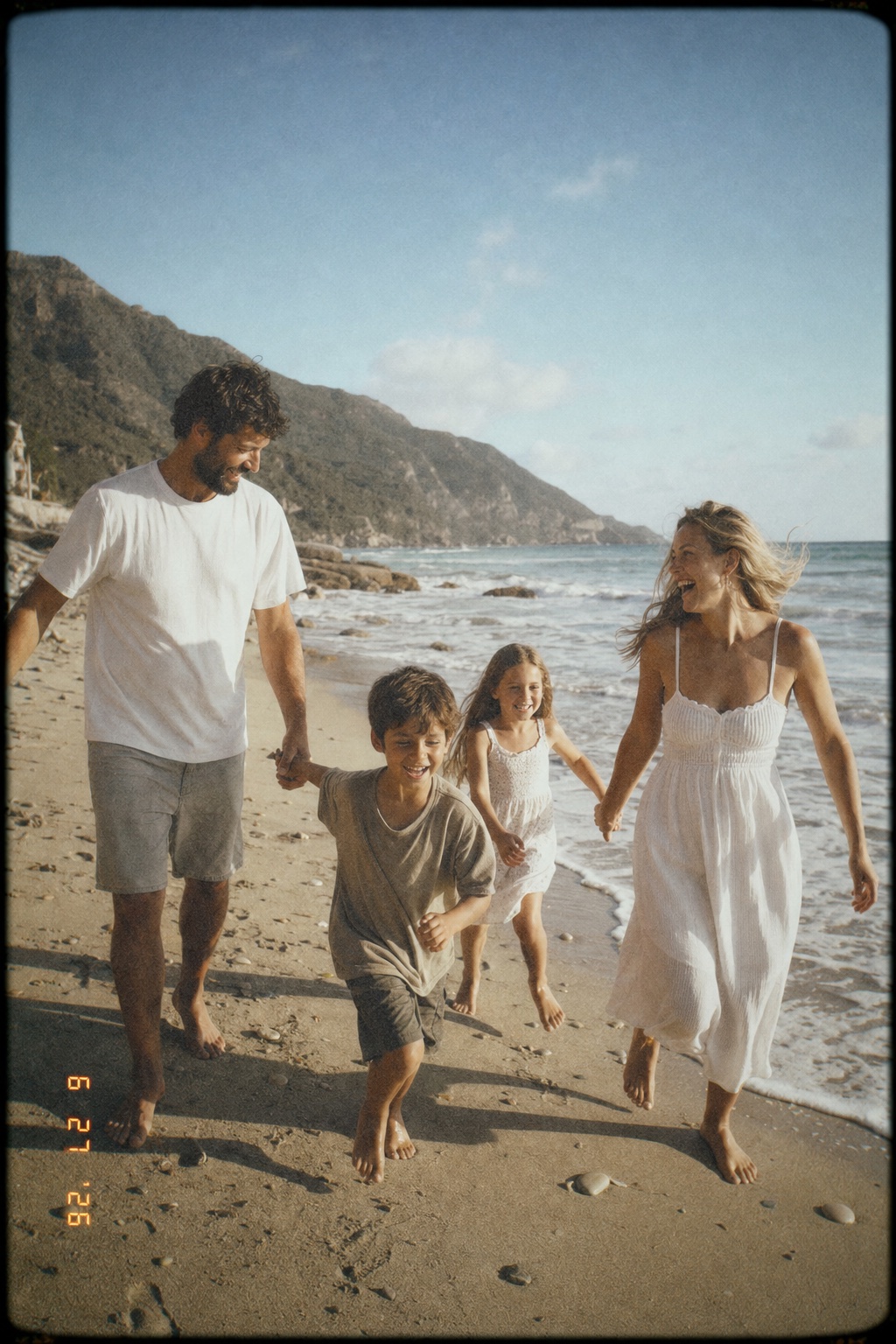 A family walking barefoot along the shoreline, warm and grainy with a date stamp in the corner