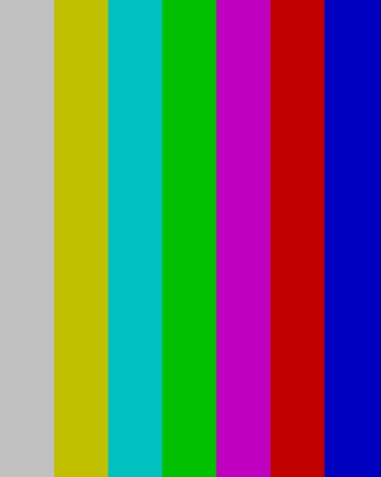 A test pattern of seven bright color bars straight off the phone's sensor, clean and saturated