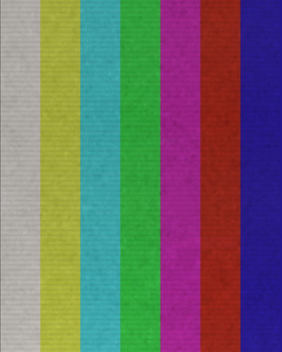 The same seven color bars through the VHS look: duller, warmer and grainy, with fine horizontal raster lines across them