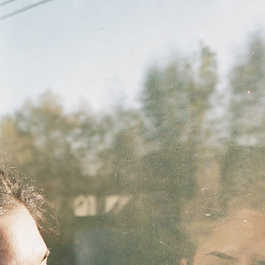 A 100% crop of a bright train window with sunlit trees outside, the brightest tones softening toward white rather than clipping flat