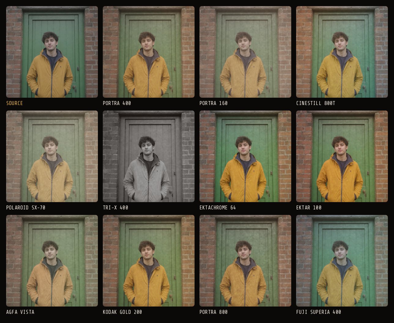 One reference photograph of a man in a yellow jacket in front of a green door and brick wall, shown as the original and printed on each of the 11 film filters, from Portra 400 to Fuji Superia 400, at dial 50
