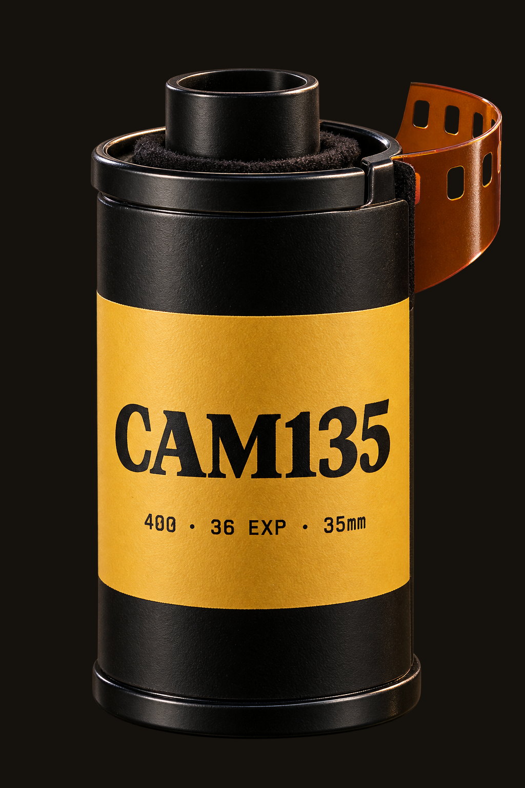 A black 35mm film canister labelled CAM135, 400, 36 exposures, 35mm, with a tongue of orange film leader curling out of the felt lip