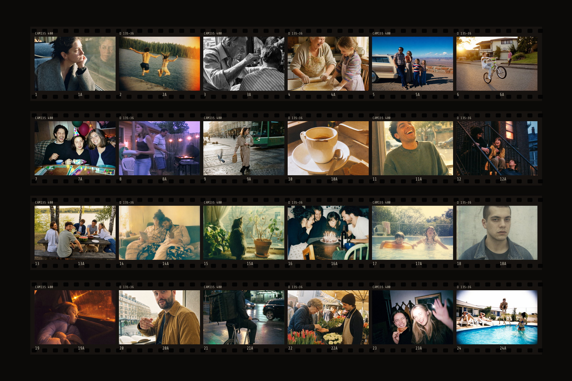 A 35mm contact sheet: four strips of six frames each, every frame bounded by the film's dark rebate with sprocket holes and running frame numbers, showing the photographs from across this site