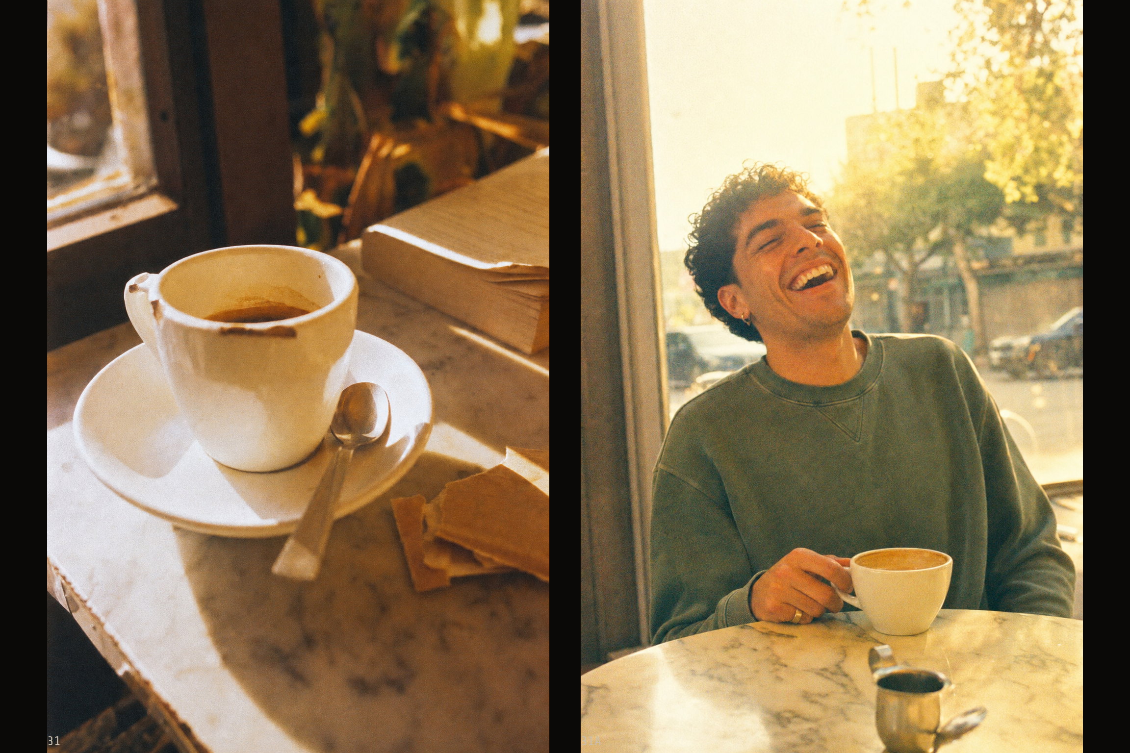 Two vertical half-frame photographs side by side on one strip of film: a chipped espresso cup on a marble café table in warm morning sun, and the friend across the table laughing with his head tilted back, both in the warm yellow tones and coarse grain of Kodak Gold 200