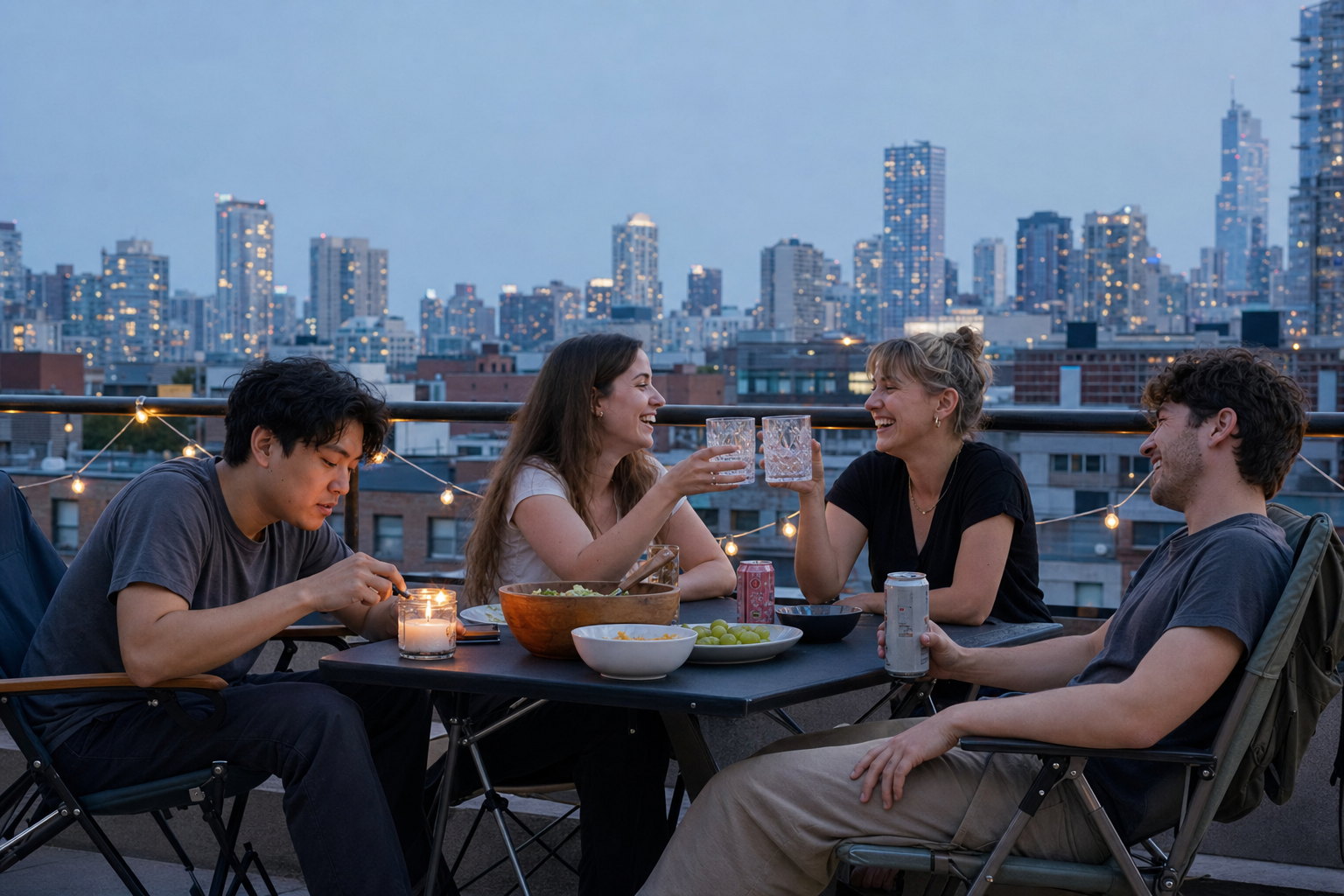 Four friends around a folding table on an apartment rooftop at dusk, fairy lights on the railing and a blue city skyline behind, as a phone camera shot it: even, clean and neutral