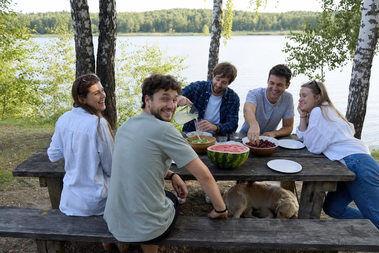 Five friends around a weathered picnic table beside a lake in the late afternoon, one pouring lemonade, a dog asleep under the table, as a phone camera captures it: neutral, clean and sharp