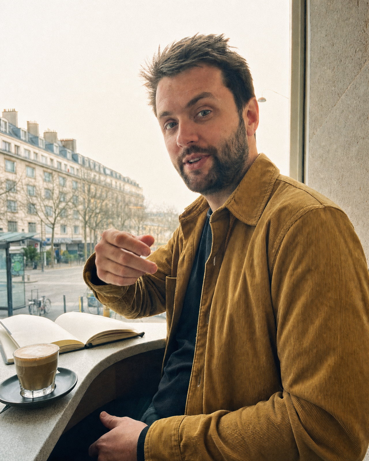 The same café portrait printed as Portra 400: the window blooms softly toward white, the shadows stay open but dark, skin is creamy and pink, and fine grain sits in the picture