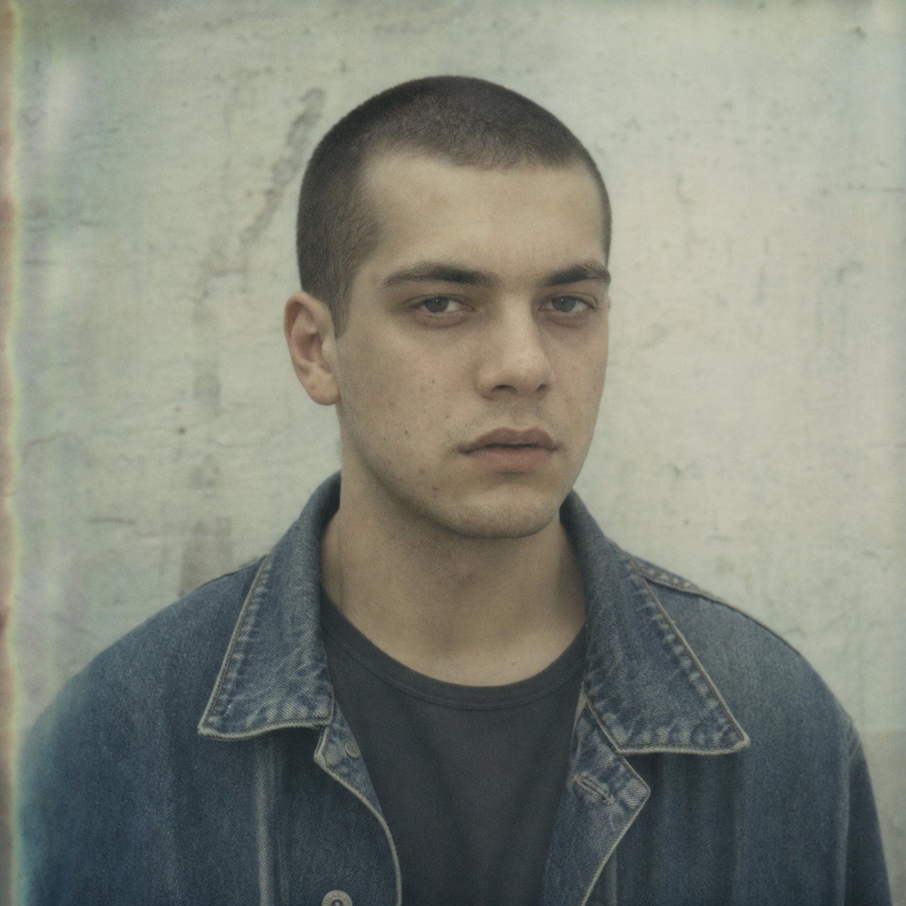 A head-and-shoulders portrait of a young man in a worn denim jacket against a whitewashed wall, warm and muddy with a faint development streak, like Type 669 peel-apart pack film
