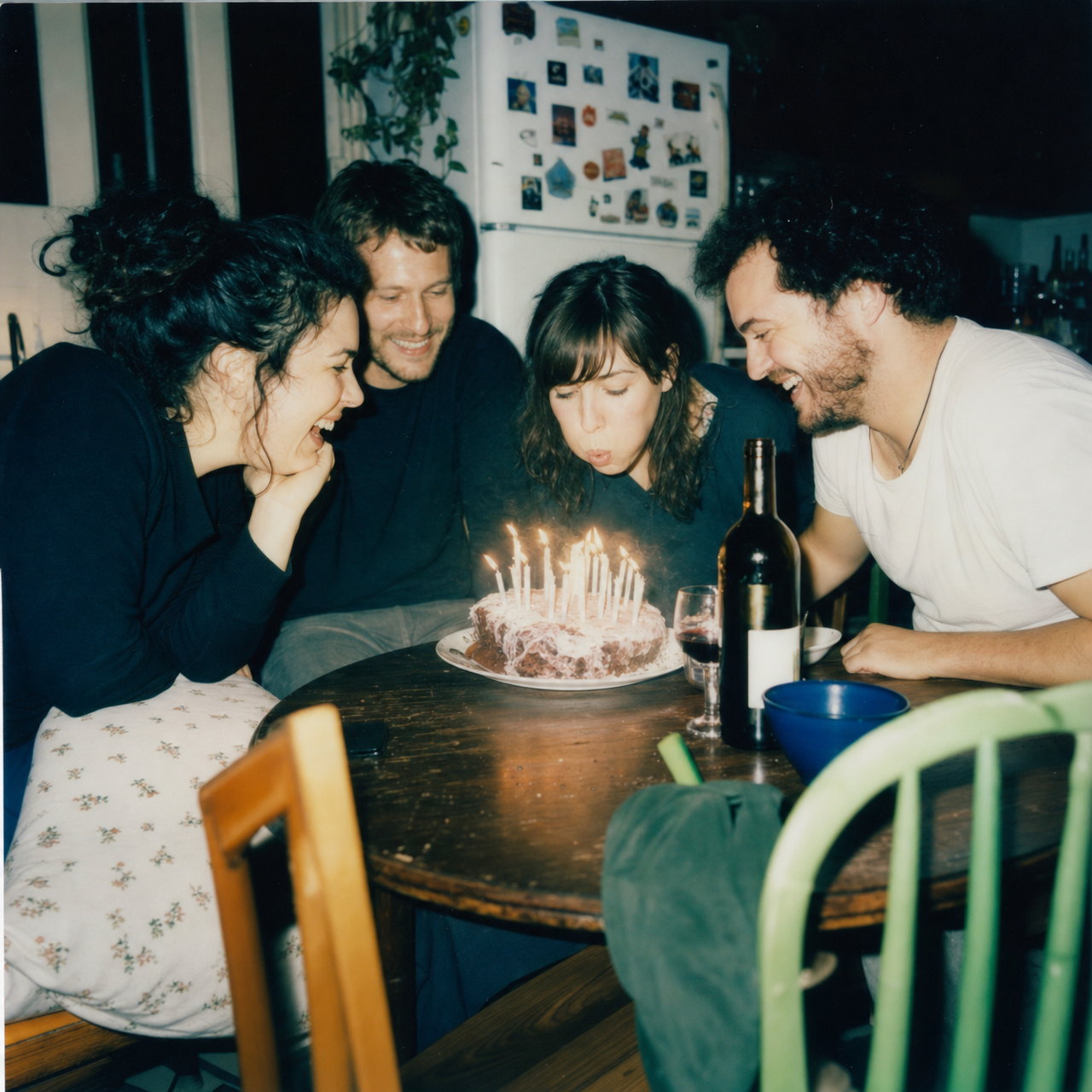 Four friends around a kitchen table at night leaning over a lopsided birthday cake, one about to blow out the candles, flash-lit with a dark background like a Polaroid 600
