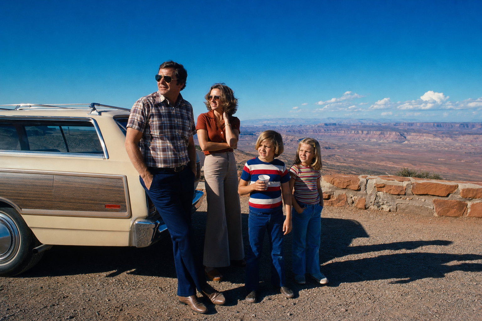 A family of four beside a wood-panelled 1970s station wagon at a desert overlook, squinting under a deep cobalt sky, with the dense shadows and saturated colour of Ektachrome slide film