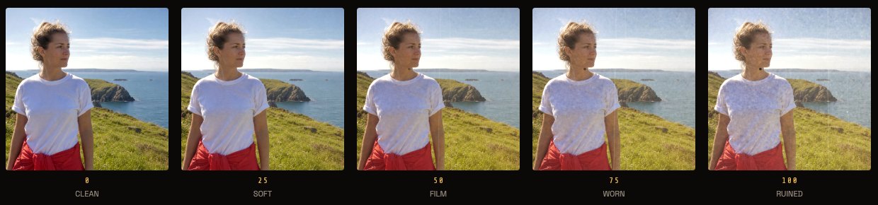 The same photo at five settings of the vintage camera filter dial, 0 CLEAN to 100 RUINED, on Kodak Gold 200