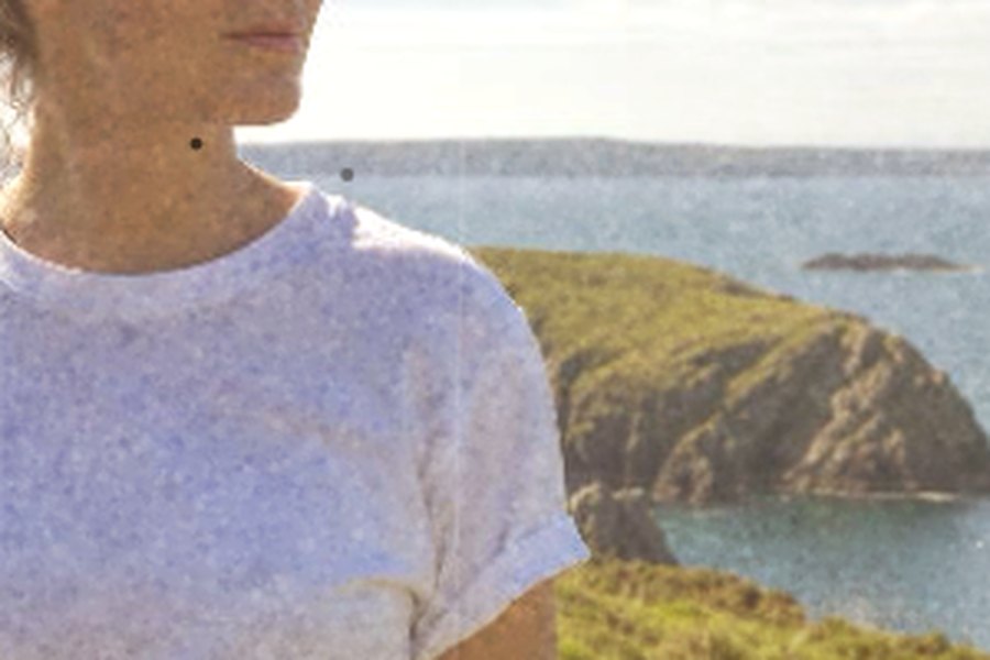 A close crop of the photo at dial 100, RUINED: dark specks, light dust and heavy grain across a white shirt, sea and headland