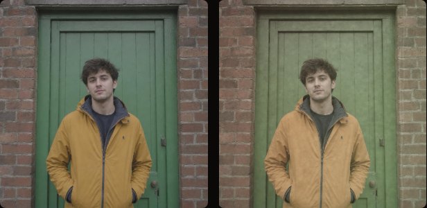 A man in a mustard jacket in front of a green door, the original on the left and printed on expired Agfa Vista on the right, faded and green-yellow