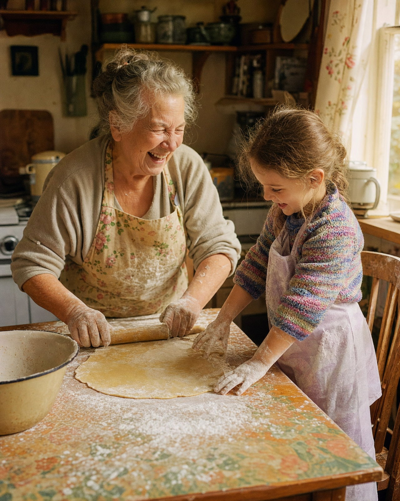 A grandmother in a floral apron laughing while she rolls out pastry with a small girl standing on a chair beside her, morning window light, warm amber tones like Kodak Gold