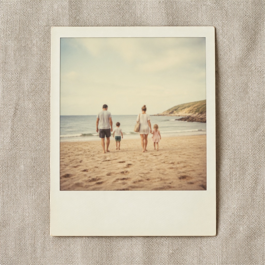 An SX-70 instant print of a family walking toward the sea, resting on linen